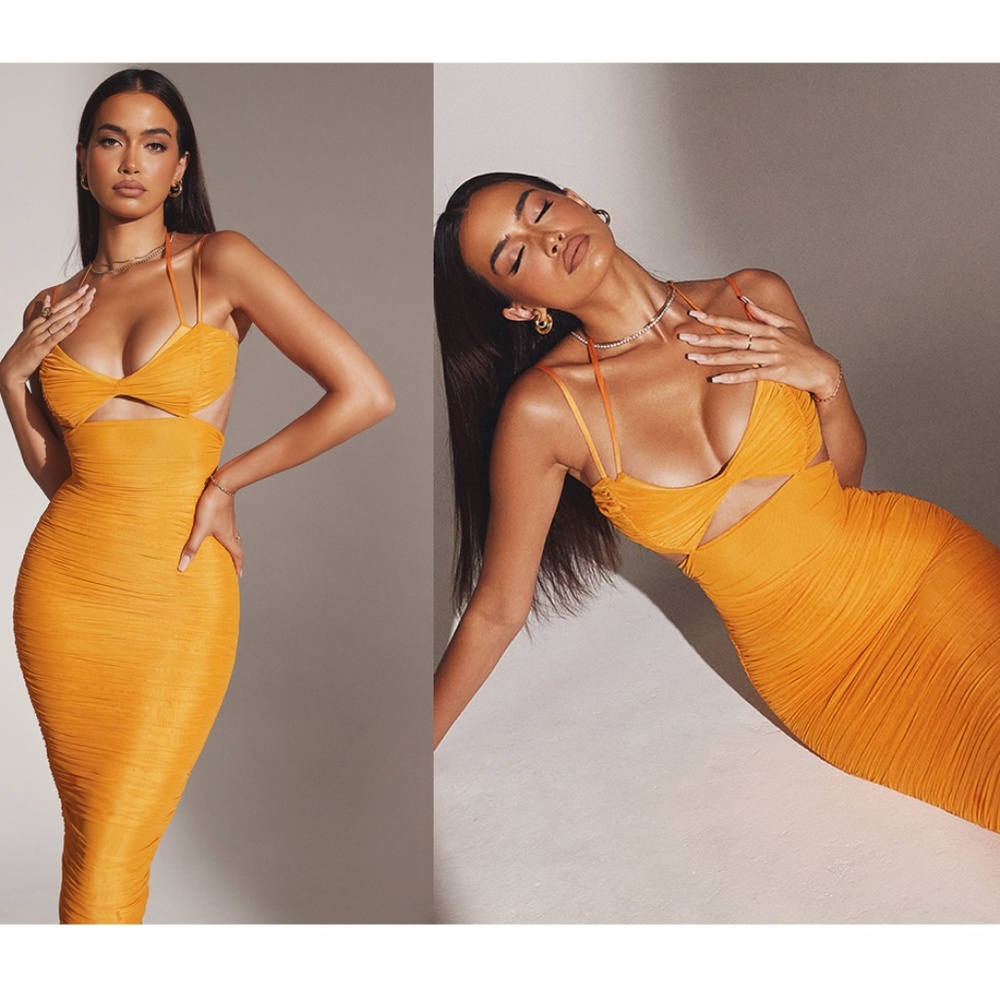 HOUSE OF CB 'Tibi' Tangerine orange Cutout Ruched Midi Dress/Size XS NWOT
